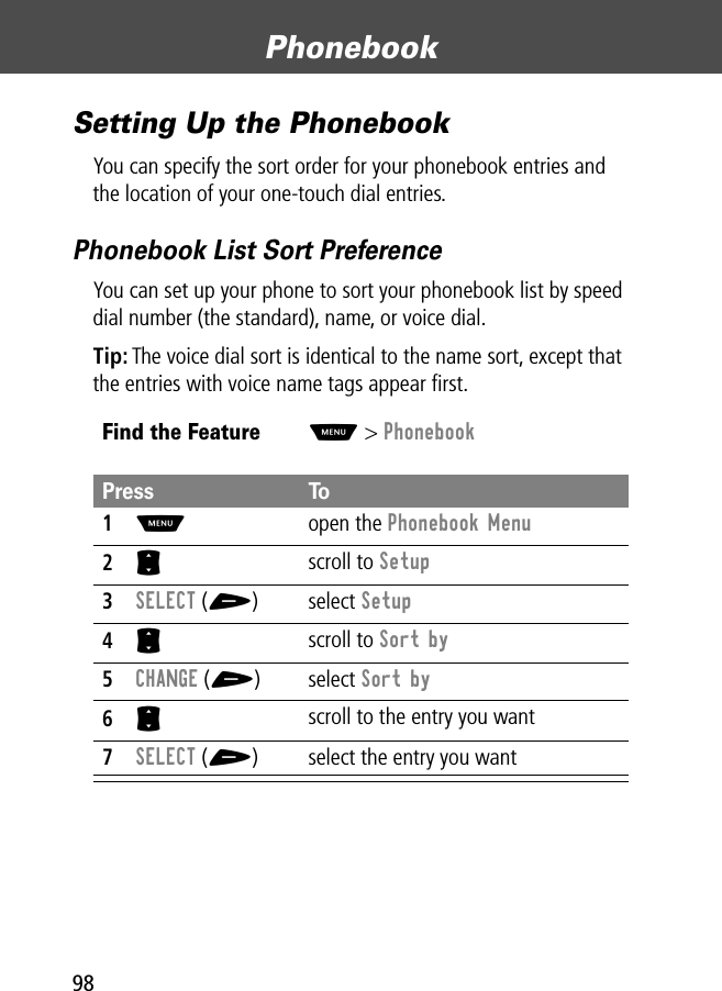 Phonebook98Setting Up the PhonebookYou can specify the sort order for your phonebook entries and the location of your one-touch dial entries.Phonebook List Sort PreferenceYou can set up your phone to sort your phonebook list by speed dial number (the standard), name, or voice dial.Tip: The voice dial sort is identical to the name sort, except that the entries with voice name tags appear ﬁrst.Find the FeatureM&gt; PhonebookPress To1M open the Phonebook Menu2S scroll to Setup3SELECT (+) select Setup4S scroll to Sort by5CHANGE (+) select Sort by6S scroll to the entry you want7SELECT (+) select the entry you want