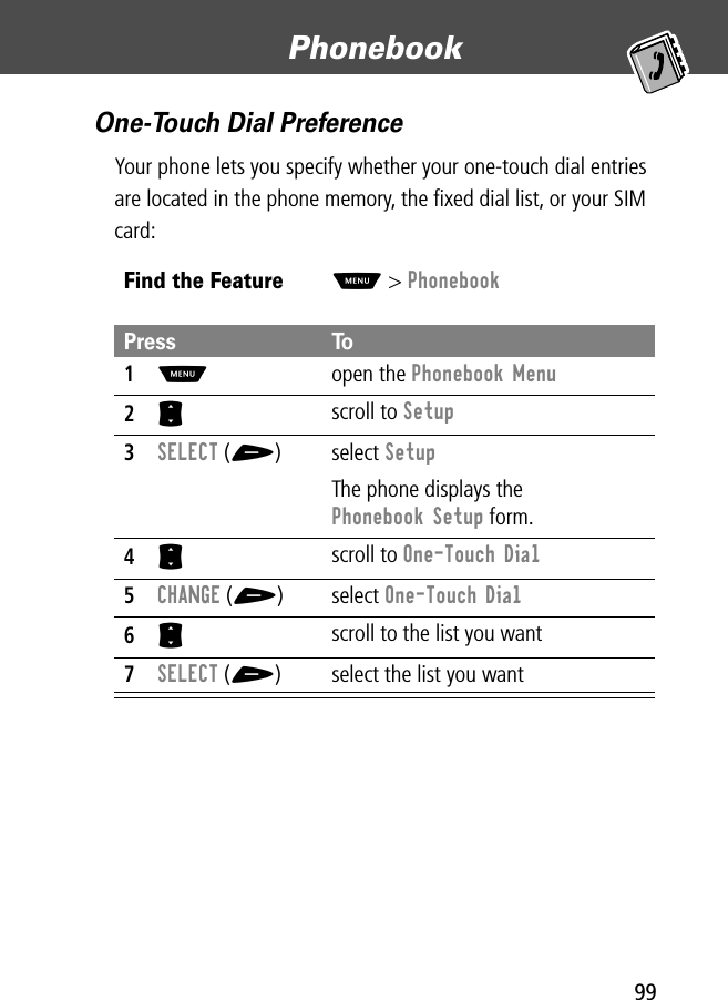 99Phonebook One-Touch Dial PreferenceYour phone lets you specify whether your one-touch dial entries are located in the phone memory, the ﬁxed dial list, or your SIM card:Find the FeatureM&gt; PhonebookPress To1M open the Phonebook Menu2S scroll to Setup3SELECT (+) select SetupThe phone displays the Phonebook Setup form.4S scroll to One-Touch Dial5CHANGE (+) select One-Touch Dial6S scroll to the list you want7SELECT (+) select the list you want