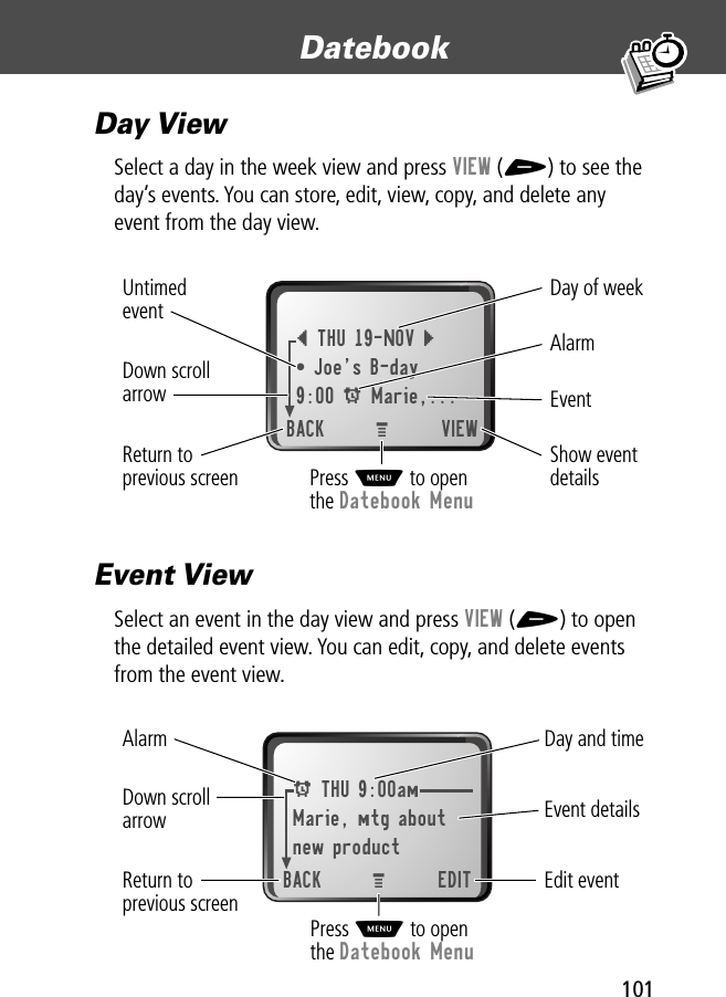 101Datebook Day ViewSelect a day in the week view and press VIEW (+) to see the day’s events. You can store, edit, view, copy, and delete any event from the day view.Event ViewSelect an event in the day view and press VIEW (+) to open the detailed event view. You can edit, copy, and delete events from the event view.Day of weekShow eventdetailsReturn toprevious screenUntimedeventAlarmEvent Down scrollarrow{ THU 19-NOV }¥ JoeÕs B-day9:00 A Marie,...BACK VIEWMPress M to openthe Datebook MenuDay and timeEdit eventReturn toprevious screenEvent detailsAlarm Down scrollarrowA THU 9:00amMarie, mtg aboutnew productBACK EDITMPress M to openthe Datebook Menu