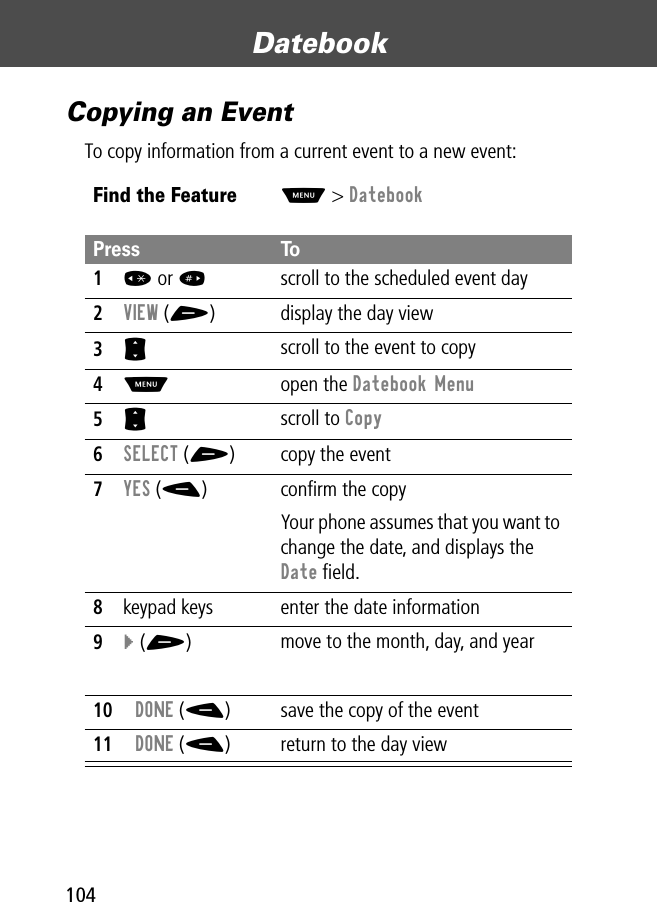 Datebook104Copying an EventTo copy information from a current event to a new event:Find the FeatureM&gt; DatebookPress To1* or #scroll to the scheduled event day2VIEW (+) display the day view3S scroll to the event to copy4M open the Datebook Menu5S scroll to Copy6SELECT (+) copy the event7YES (-) conﬁrm the copyYour phone assumes that you want to change the date, and displays the Date ﬁeld.8keypad keys enter the date information9} (+)move to the month, day, and year10DONE (-) save the copy of the event11DONE (-) return to the day view