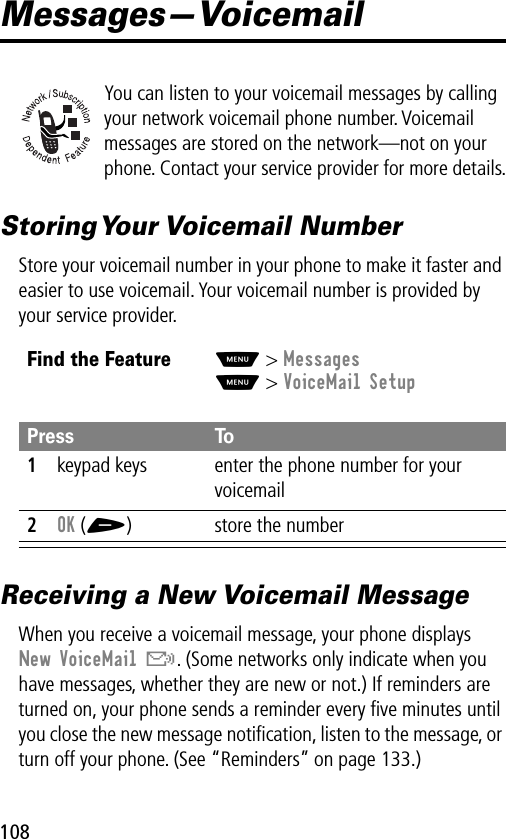 108Messages—VoicemailYou can listen to your voicemail messages by calling your network voicemail phone number. Voicemail messages are stored on the network—not on your phone. Contact your service provider for more details.Storing Your Voicemail  NumberStore your voicemail number in your phone to make it faster and easier to use voicemail. Your voicemail number is provided by your service provider.Receiving a New Voicemail MessageWhen you receive a voicemail message, your phone displays New VoiceMail &amp;. (Some networks only indicate when you have messages, whether they are new or not.) If reminders are turned on, your phone sends a reminder every ﬁve minutes until you close the new message notiﬁcation, listen to the message, or turn off your phone. (See “Reminders” on page 133.)Find the FeatureM&gt; MessagesM&gt; VoiceMail SetupPress To1keypad keys enter the phone number for your voicemail2OK (+) store the number