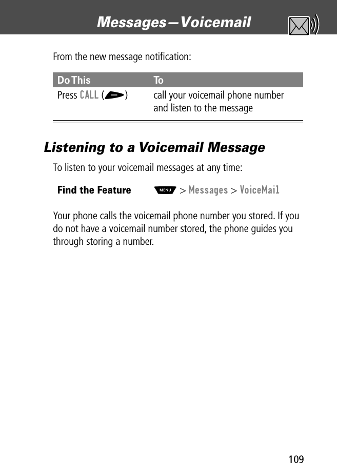 109Messages—Voicemail From the new message notiﬁcation:Listening to a Voicemail MessageTo listen to your voicemail messages at any time:Your phone calls the voicemail phone number you stored. If you do not have a voicemail number stored, the phone guides you through storing a number.Do This ToPress  CALL (+) call your voicemail phone number and listen to the messageFind the FeatureM&gt; Messages &gt; VoiceMail