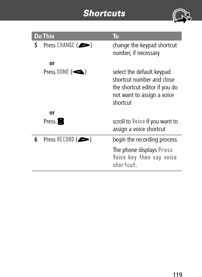 119Shortcuts 5Press CHANGE (+)orPress DONE (-)orPress Schange the keypad shortcut number, if necessaryselect the default keypad shortcut number and close the shortcut editor if you do not want to assign a voice shortcutscroll to Voice if you want to assign a voice shortcut6Press RECORD (+) begin the recording processThe phone displays Press Voice key then say voice shortcut.Do This To