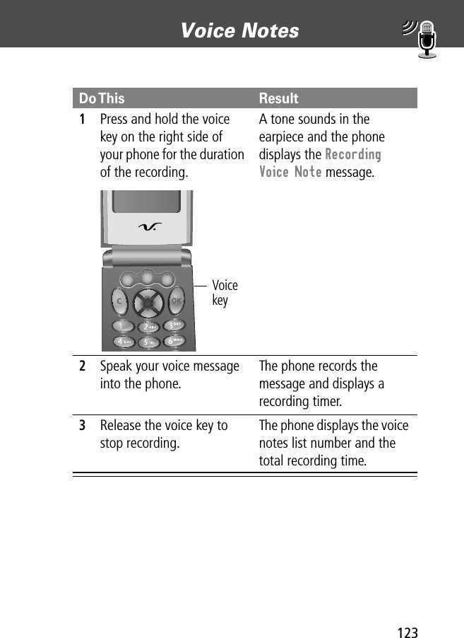 123Voice Notes Do This Result1Press and hold the voice key on the right side of your phone for the duration of the recording.A tone sounds in the earpiece and the phone displays the Recording Voice Note message.2Speak your voice message into the phone.The phone records the message and displays a recording timer.3Release the voice key to stop recording.The phone displays the voice notes list number and the total recording time.Voice key