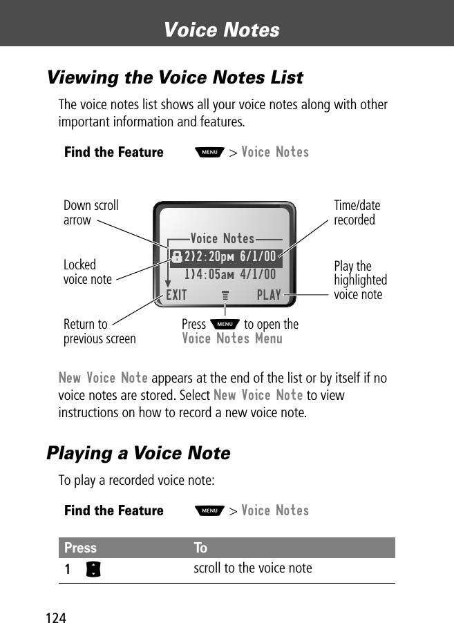 Voice Notes124Viewing the Voice Notes ListThe voice notes list shows all your voice notes along with other important information and features.New Voice Note appears at the end of the list or by itself if no voice notes are stored. Select New Voice Note to view instructions on how to record a new voice note.Playing a Voice NoteTo play a recorded voice note:Find the FeatureM&gt; Voice NotesFind the FeatureM&gt; Voice NotesPress To1S scroll to the voice noteVoice Notes2)2:20pm 6/1/00 1)4:05am 4/1/00EXIT PLAYf Press M to open the Voice Notes MenuPlay the highlighted voice noteReturn toprevious screenDown scrollarrowLockedvoice noteTime/date recordedM