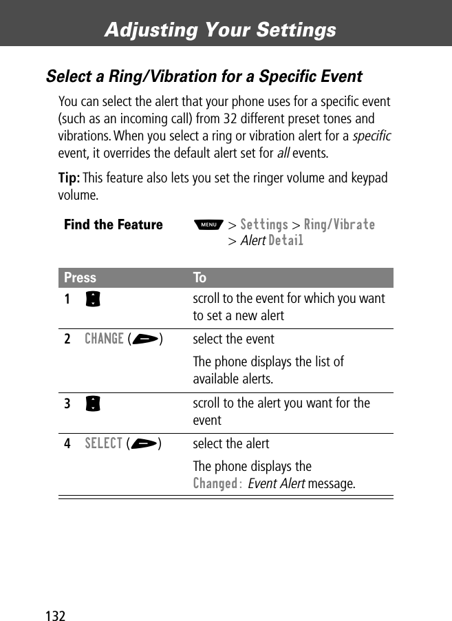 Adjusting Your Settings132Select a Ring/Vibration for a Speciﬁc EventYou can select the alert that your phone uses for a speciﬁc event (such as an incoming call) from 32 different preset tones and vibrations. When you select a ring or vibration alert for a specific event, it overrides the default alert set for all events.Tip: This feature also lets you set the ringer volume and keypad volume.Find the FeatureM&gt; Settings &gt; Ring/Vibrate&gt; Alert DetailPress To1S scroll to the event for which you want to set a new alert2CHANGE (+) select the eventThe phone displays the list of available alerts.3S scroll to the alert you want for the event4SELECT (+) select the alertThe phone displays the Changed: Event Alert message.