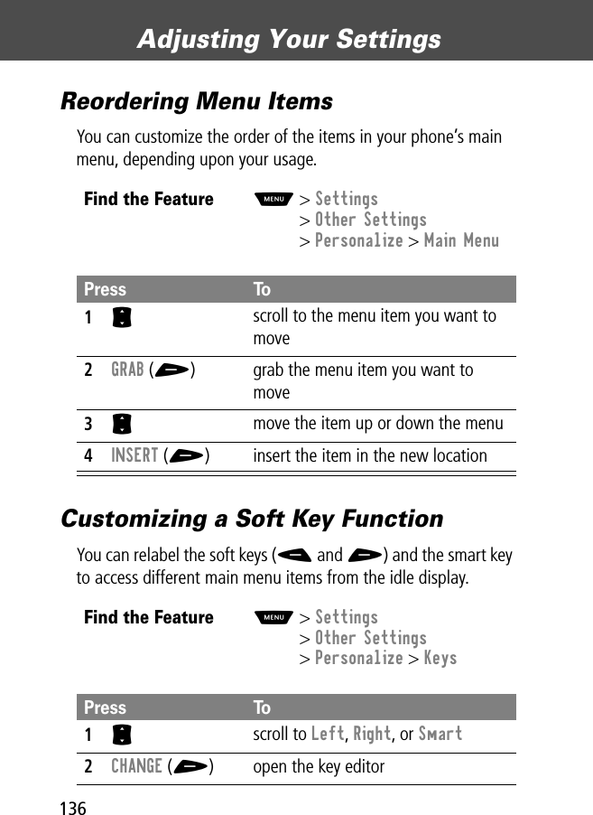 Adjusting Your Settings136Reordering Menu ItemsYou can customize the order of the items in your phone’s main menu, depending upon your usage.Customizing a Soft Key FunctionYou can relabel the soft keys (- and +) and the smart key to access different main menu items from the idle display.Find the FeatureM&gt; Settings&gt; Other Settings&gt; Personalize &gt; Main MenuPress To1S scroll to the menu item you want to move2GRAB (+) grab the menu item you want to move3S move the item up or down the menu4INSERT (+) insert the item in the new locationFind the FeatureM&gt; Settings&gt; Other Settings&gt; Personalize &gt; KeysPress To1S scroll to Left, Right, or Smart2CHANGE (+) open the key editor