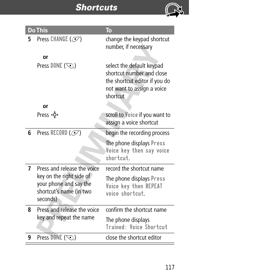 117Shortcuts  PRELIMINARY5Press CHANGE (+)orPress DONE (-)orPress Schange the keypad shortcut number, if necessaryselect the default keypad shortcut number and close the shortcut editor if you do not want to assign a voice shortcutscroll to Voice if you want to assign a voice shortcut6Press RECORD (+) begin the recording processThe phone displays Press Voice key then say voice shortcut.7Press and release the voice key on the right side of your phone and say the shortcut’s name (in two seconds)record the shortcut nameThe phone displays Press Voice key then REPEAT voice shortcut.8Press and release the voice key and repeat the nameconﬁrm the shortcut nameThe phone displays Trained: Voice Shortcut9Press DONE (-) close the shortcut editorDo This To