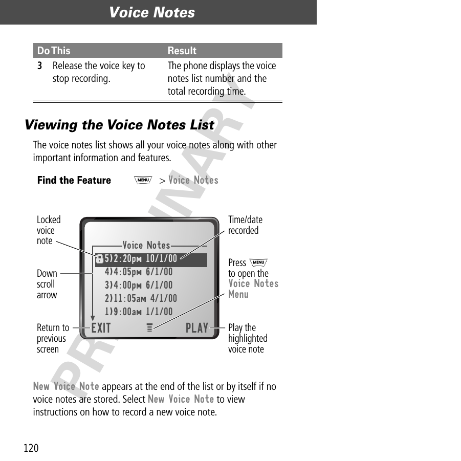 Voice Notes120PRELIMINARYViewing the Voice Notes ListThe voice notes list shows all your voice notes along with other important information and features.New Voice Note appears at the end of the list or by itself if no voice notes are stored. Select New Voice Note to view instructions on how to record a new voice note.3Release the voice key to stop recording.The phone displays the voice notes list number and the total recording time.Find the FeatureM&gt; Voice NotesDo This ResultVoice Notes5)2:20pm 10/1/004)4:05pm 6/1/003)4:00pm 6/1/002)11:05am 4/1/001)9:00am 1/1/00EXIT PLAYDownscrollarrowLockedvoicenoteReturn topreviousscreenPress Mto open theVoice NotesMenuPlay thehighlightedvoice noteTime/daterecordedf e