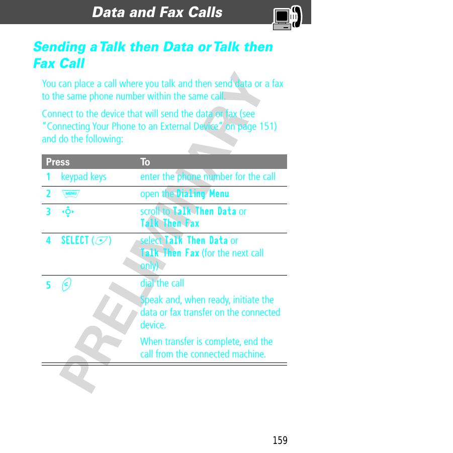 159Data and Fax Calls  PRELIMINARYSending a Talk then Data or Talk then Fax CallYou can place a call where you talk and then send data or a fax to the same phone number within the same call.Connect to the device that will send the data or fax (see “Connecting Your Phone to an External Device” on page 151) and do the following:Press To1keypad keys enter the phone number for the call2M open the Dialing Menu3S scroll to Talk Then Data or Talk Then Fax4SELECT (+) select Talk Then Data or Talk Then Fax (for the next call only)5N dial the callSpeak and, when ready, initiate the data or fax transfer on the connected device.When transfer is complete, end the call from the connected machine.