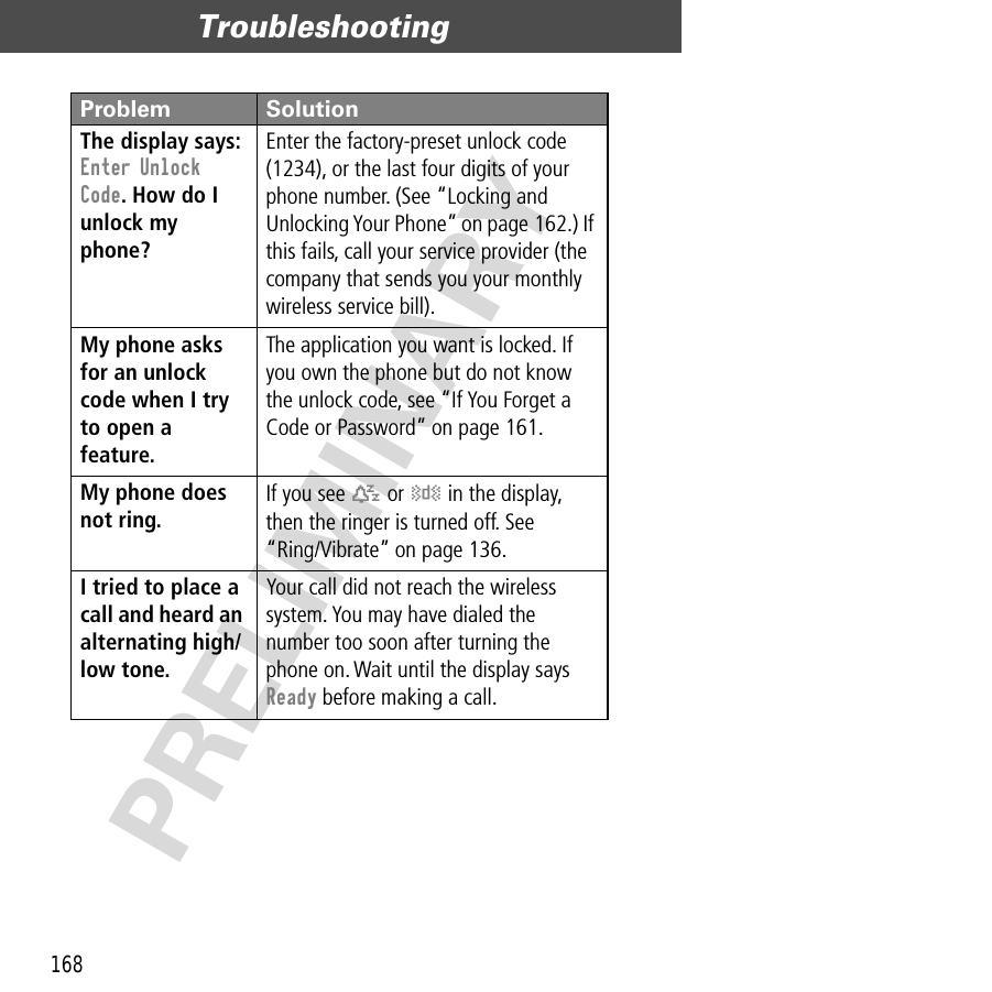 Troubleshooting168PRELIMINARYThe display says: Enter Unlock Code. How do I unlock my phone? Enter the factory-preset unlock code (1234), or the last four digits of your phone number. (See “Locking and Unlocking Your Phone” on page 162.) If this fails, call your service provider (the company that sends you your monthly wireless service bill). My phone asks for an unlock code when I try to open a feature. The application you want is locked. If you own the phone but do not know the unlock code, see “If You Forget a Code or Password” on page 161.My phone does not ring.  If you see t or y in the display, then the ringer is turned off. See“Ring/Vibrate” on page 136.I tried to place a call and heard an alternating high/low tone. Your call did not reach the wireless system. You may have dialed the number too soon after turning the phone on. Wait until the display says Ready before making a call.Problem Solution