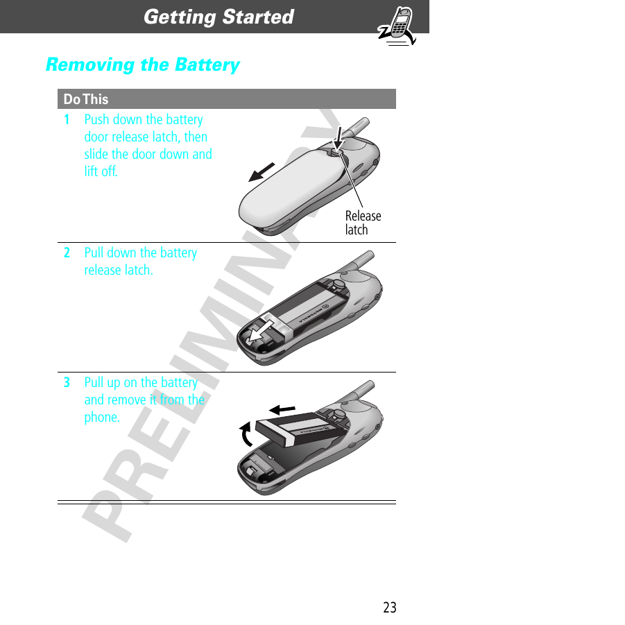 23Getting Started  PRELIMINARYRemoving the BatteryDo This1Push down the battery door release latch, then slide the door down and lift off. 2Pull down the battery release latch. 3Pull up on the battery and remove it from the phone. Release latch
