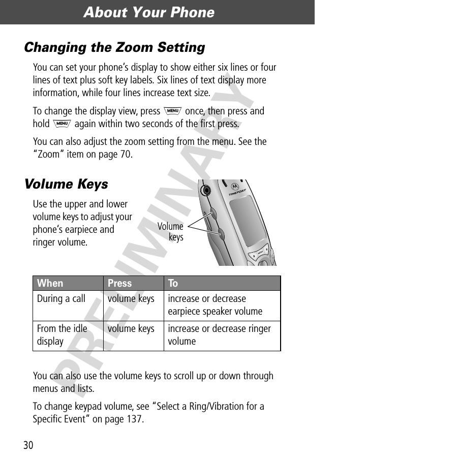 About Your Phone30PRELIMINARYChanging the Zoom SettingYou can set your phone’s display to show either six lines or four lines of text plus soft key labels. Six lines of text display more information, while four lines increase text size.To change the display view, press M once, then press and hold M again within two seconds of the ﬁrst press.You can also adjust the zoom setting from the menu. See the “Zoom” item on page 70.Volume KeysUse the upper and lower volume keys to adjust your phone’s earpiece and ringer volume.You can also use the volume keys to scroll up or down through menus and lists.To change keypad volume, see “Select a Ring/Vibration for a Speciﬁc Event” on page 137.When  Press ToDuring a call volume keys increase or decrease earpiece speaker volumeFrom the idle displayvolume keys increase or decrease ringer volumeVolumekeys