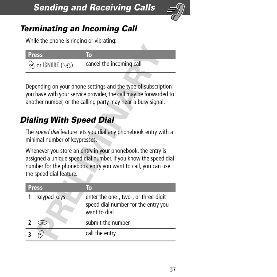 37Sending and Receiving Calls  PRELIMINARYTerminating an Incoming CallWhile the phone is ringing or vibrating:Depending on your phone settings and the type of subscription you have with your service provider, the call may be forwarded to another number, or the calling party may hear a busy signal.Dialing With Speed DialThe speed dial feature lets you dial any phonebook entry with a minimal number of keypresses.Whenever you store an entry in your phonebook, the entry is assigned a unique speed dial number. If you know the speed dial number for the phonebook entry you want to call, you can use the speed dial feature.Press ToO or IGNORE (-)cancel the incoming callPress To1keypad keys enter the one-, two-, or three-digit speed dial number for the entry you want to dial2#  submit the number3N call the entry