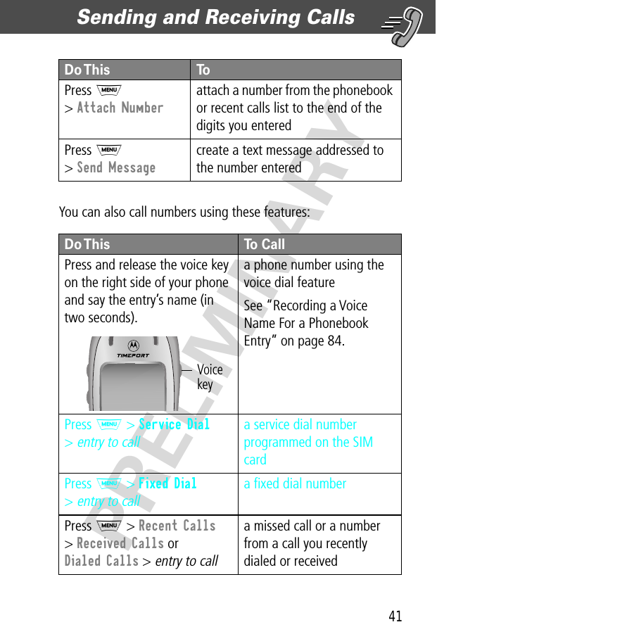 41Sending and Receiving Calls  PRELIMINARYYou can also call numbers using these features:Press M&gt; Attach Numberattach a number from the phonebook or recent calls list to the end of the digits you enteredPress M&gt; Send Messagecreate a text message addressed to the number enteredDo This To CallPress and release the voice key on the right side of your phone and say the entry’s name (in two seconds).a phone number using the voice dial featureSee “Recording a Voice Name For a Phonebook Entry” on page 84.Press M &gt; Service Dial&gt; entry to calla service dial number programmed on the SIM cardPress M &gt; Fixed Dial&gt; entry to calla ﬁxed dial numberPress M &gt; Recent Calls&gt; Received Calls or Dialed Calls &gt; entry to calla missed call or a number from a call you recently dialed or received Do This ToVoice key