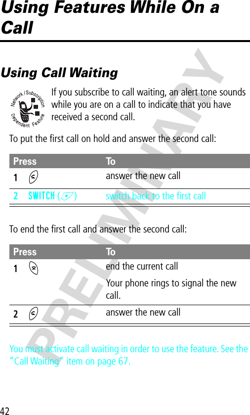 42PRELIMINARYUsing Features While On a CallUsing Call WaitingIf you subscribe to call waiting, an alert tone sounds while you are on a call to indicate that you have received a second call.To put the ﬁrst call on hold and answer the second call:To end the ﬁrst call and answer the second call:You must activate call waiting in order to use the feature. See the “Call Waiting” item on page 67.Press To1N answer the new call2SWITCH (+) switch back to the ﬁrst callPress To1O end the current callYour phone rings to signal the new call.2N answer the new call