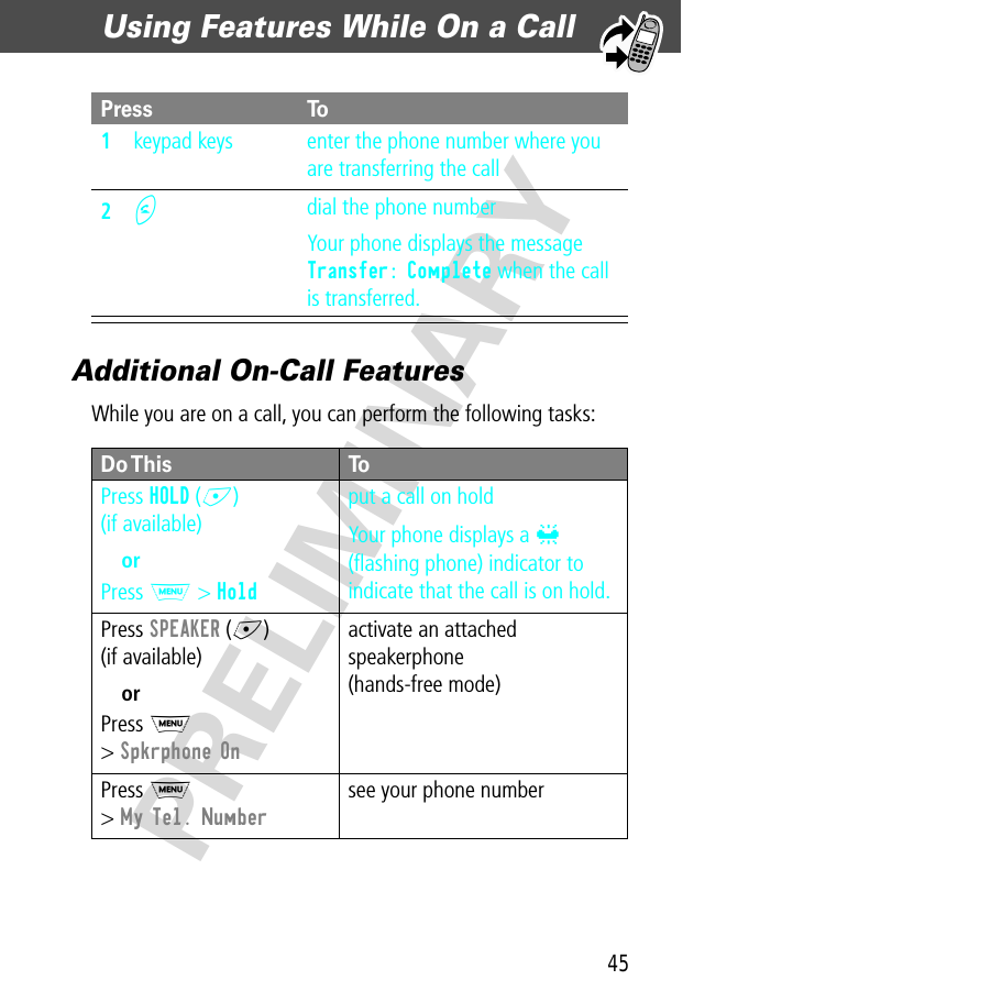 45Using Features While On a Call  PRELIMINARYAdditional On-Call FeaturesWhile you are on a call, you can perform the following tasks:Press To1keypad keys enter the phone number where you are transferring the call2N dial the phone numberYour phone displays the message Transfer: Complete when the call is transferred.Do This ToPress  HOLD (+)(if available)orPress M &gt; Holdput a call on holdYour phone displays a l (ﬂashing phone) indicator to indicate that the call is on hold.Press SPEAKER (+)(if available)orPress M&gt; Spkrphone Onactivate an attached speakerphone(hands-free mode)Press M&gt; My Tel. Numbersee your phone number