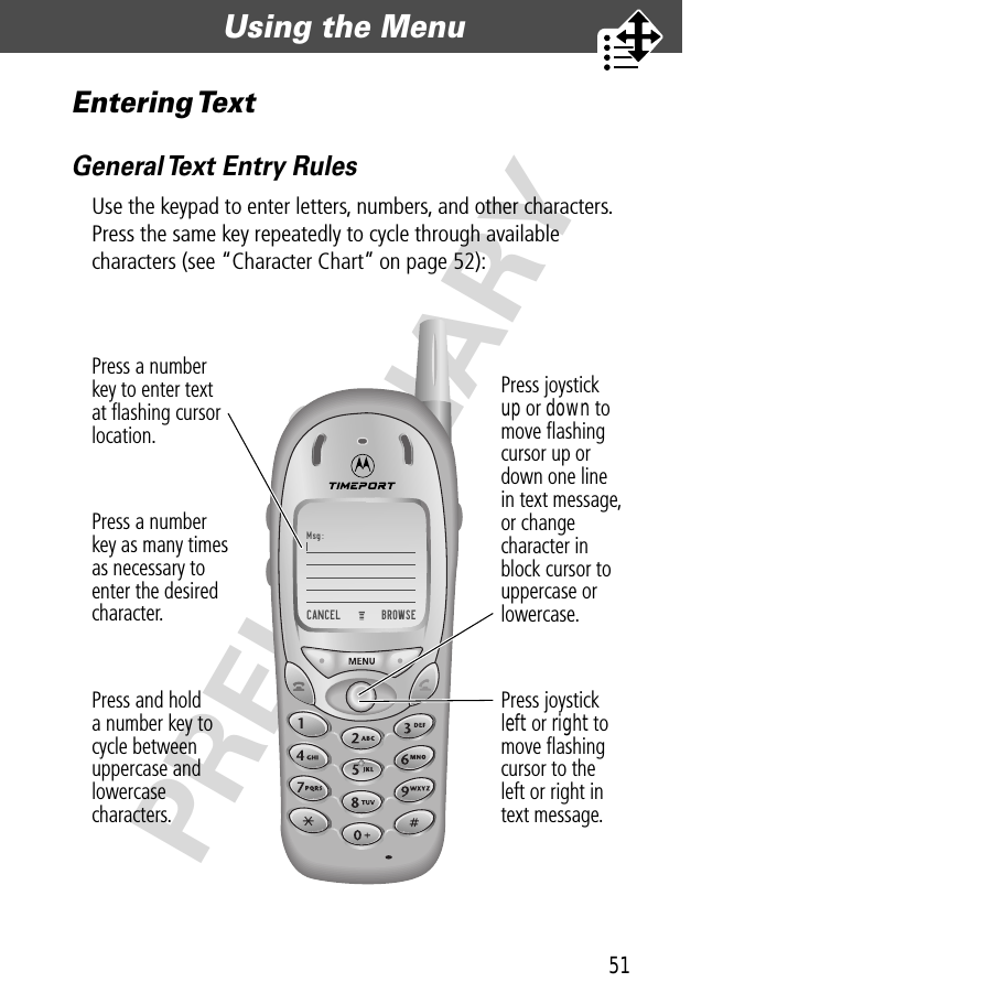 51Using the Menu  PRELIMINARYEntering TextGeneral Text Entry RulesUse the keypad to enter letters, numbers, and other characters. Press the same key repeatedly to cycle through available characters (see “Character Chart” on page 52):)Msg:))CANCEL) )BROWSEPress joystickleft or right tomove ﬂashingcursor to theleft or right intext message.Press joystickup or down tomove ﬂashingcursor up ordown one linein text message,or changecharacter inblock cursor touppercase or lowercase.Press a numberkey to enter textat ﬂashing cursorlocation.Press a numberkey as many timesas necessary toenter the desiredcharacter.Press and holda number key tocycle betweenuppercase andlowercasecharacters.