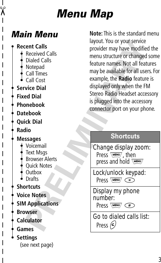  3 ✂ PRELIMINARY Menu MapMain Menu• Recent Calls• Received Calls• Dialed Calls• Notepad• Call Times• Call Cost• Service Dial• Fixed Dial• Phonebook• Datebook• Quick Dial• Radio• Messages• Voicemail• Text Msgs• Browser Alerts• Quick Notes• Outbox• Drafts• Shortcuts• Voice Notes• SIM Applications• Browser• Calculator• Games• Settings(see next page)Note: This is the standard menu layout. You or your service provider may have modiﬁed the menu structure or changed some feature names. Not all features may be available for all users. For example, the Radio feature is displayed only when the FM Stereo Radio Headset accessory is plugged into the accessory connector port on your phone.ShortcutsChange display zoom:Press M, thenpress and hold MLock/unlock keypad:Press M *Display my phone number:Press M #Go to dialed calls list:Press N