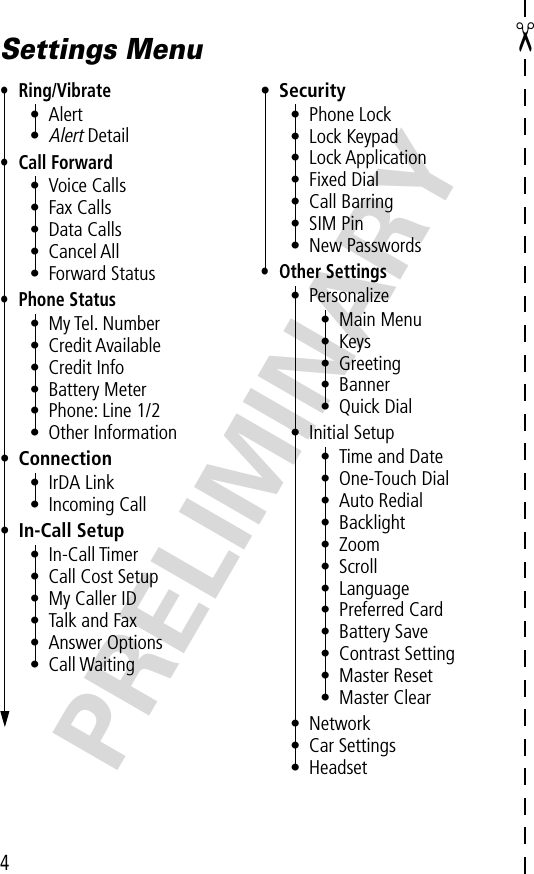 4✂PRELIMINARYSettings Menu• Ring/Vibrate• Alert•Alert Detail• Call Forward• Voice Calls• Fax Calls• Data Calls• Cancel All• Forward Status• Phone Status• My Tel. Number• Credit Available• Credit Info• Battery Meter• Phone: Line 1/2• Other Information• Connection• IrDA Link• Incoming Call• In-Call Setup• In-Call Timer• Call Cost Setup• My Caller ID• Talk and Fax• Answer Options• Call Waiting• Security• Phone Lock• Lock Keypad• Lock Application• Fixed Dial• Call Barring• SIM Pin• New Passwords• Other Settings• Personalize• Main Menu• Keys• Greeting• Banner• Quick Dial• Initial Setup• Time and Date• One-Touch Dial• Auto Redial• Backlight• Zoom• Scroll• Language• Preferred Card• Battery Save• Contrast Setting• Master Reset• Master Clear• Network• Car Settings• Headset