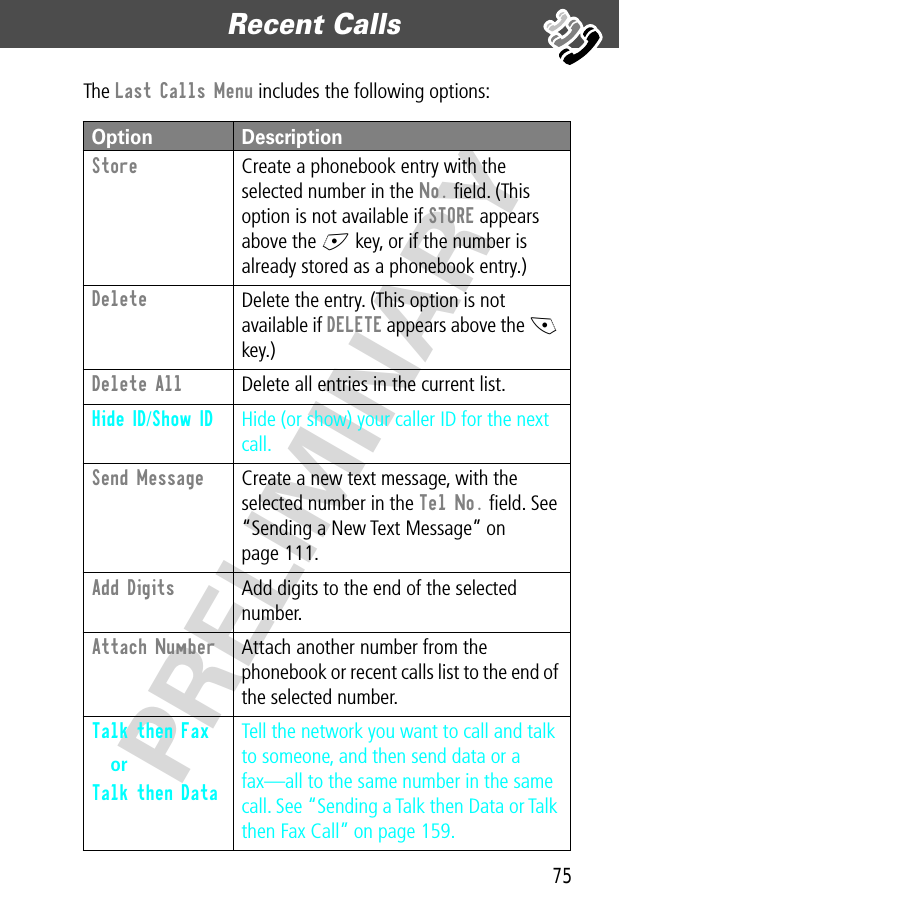 75Recent Calls  PRELIMINARYThe Last Calls Menu includes the following options:Option DescriptionStore  Create a phonebook entry with the selected number in the No. ﬁeld. (This option is not available if STORE appears above the + key, or if the number is already stored as a phonebook entry.)Delete Delete the entry. (This option is not available if DELETE appears above the - key.)Delete All Delete all entries in the current list.Hide ID/Show ID  Hide (or show) your caller ID for the next call.Send Message  Create a new text message, with the selected number in the Tel No. ﬁeld. See “Sending a New Text Message” on page 111.Add Digits  Add digits to the end of the selected number.Attach Number  Attach another number from the phonebook or recent calls list to the end of the selected number.Talk then Fax orTalk then Data Tell the network you want to call and talk to someone, and then send data or a fax—all to the same number in the same call. See “Sending a Talk then Data or Talk then Fax Call” on page 159.