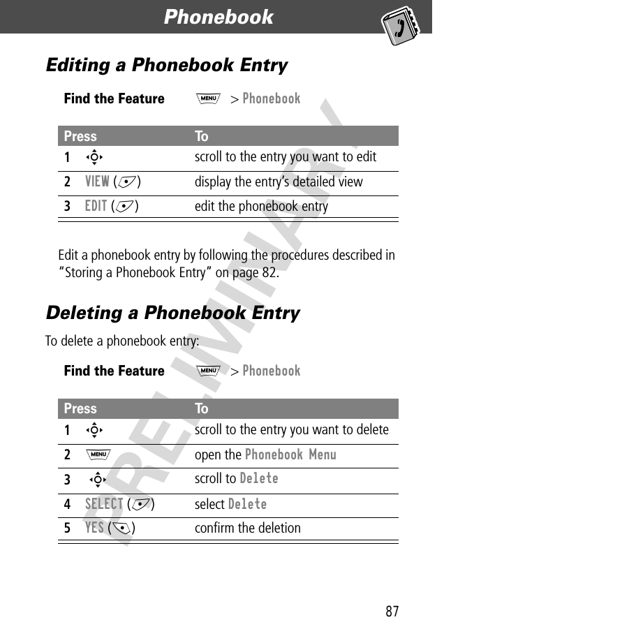 87Phonebook  PRELIMINARYEditing a Phonebook EntryEdit a phonebook entry by following the procedures described in “Storing a Phonebook Entry” on page 82.Deleting a Phonebook EntryTo delete a phonebook entry:Find the FeatureM&gt; PhonebookPress To1S scroll to the entry you want to edit2VIEW (+) display the entry’s detailed view3EDIT (+)  edit the phonebook entryFind the FeatureM&gt; PhonebookPress To1S scroll to the entry you want to delete2M open the Phonebook Menu3 S scroll to Delete4SELECT (+) select Delete5YES (-) conﬁrm the deletion