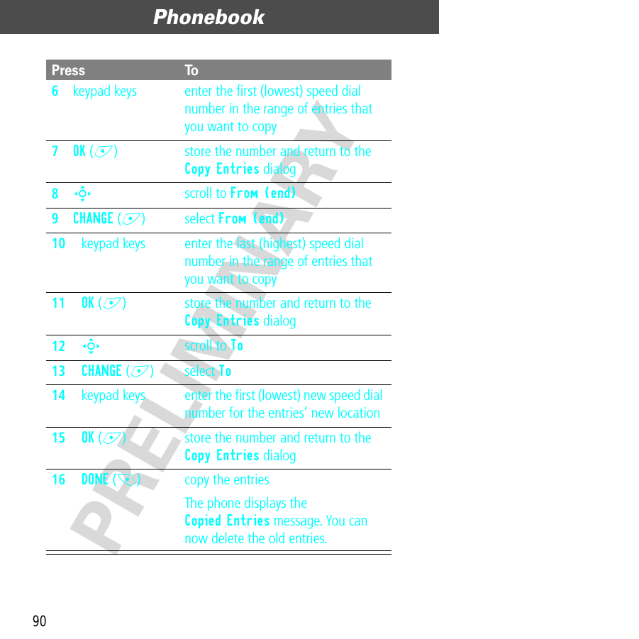 Phonebook90PRELIMINARY6keypad keys enter the ﬁrst (lowest) speed dial number in the range of entries that you want to copy7OK (+) store the number and return to the Copy Entries dialog8S scroll to From (end)9CHANGE (+) select From (end)10keypad keys enter the last (highest) speed dial number in the range of entries that you want to copy11OK (+) store the number and return to the Copy Entries dialog12S scroll to To13CHANGE (+) select To14keypad keys enter the ﬁrst (lowest) new speed dial number for the entries’ new location15OK (+) store the number and return to the Copy Entries dialog16DONE (-) copy the entriesThe phone displays the Copied Entries message. You can now delete the old entries.Press To