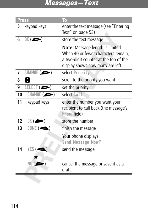 Messages—Text114PRELIMINARY5keypad keys enter the text message (see “Entering Text” on page 53)6OK (+) store the text messageNote: Message length is limited. When 40 or fewer characters remain, a two-digit counter at the top of the display shows how many are left.7CHANGE (+) select Priority8S scroll to the priority you want9SELECT (+) set the priority10CHANGE (+) select Call11keypad keys enter the number you want your recipient to call back (the message’s From ﬁeld)12OK (+) store the number13DONE (-) ﬁnish the messageYour phone displays Send Message Now?14YES (-)orNO (+)send the messagecancel the message or save it as a draftPress To