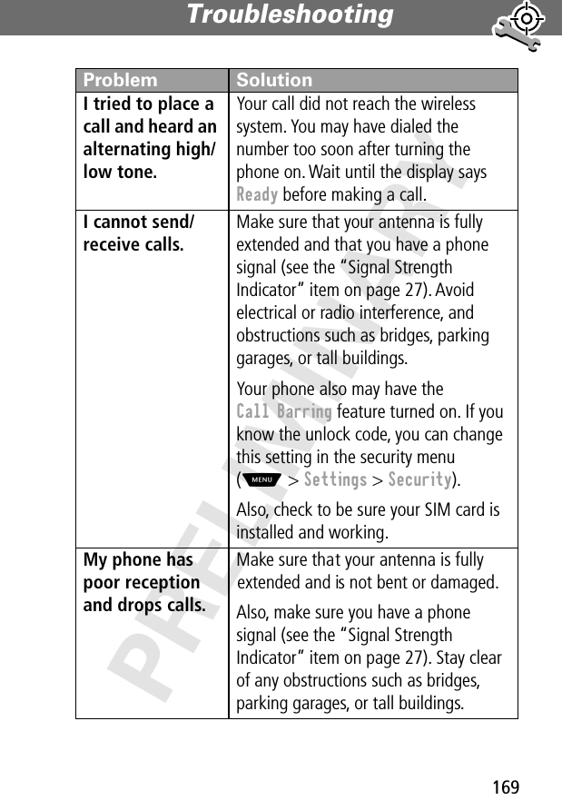 169Troubleshooting PRELIMINARYI tried to place a call and heard an alternating high/low tone. Your call did not reach the wireless system. You may have dialed the number too soon after turning the phone on. Wait until the display says Ready before making a call.I cannot send/receive calls. Make sure that your antenna is fully extended and that you have a phone signal (see the “Signal Strength Indicator” item on page 27). Avoid electrical or radio interference, and obstructions such as bridges, parking garages, or tall buildings.Your phone also may have the Call Barring feature turned on. If you know the unlock code, you can change this setting in the security menu(M &gt; Settings &gt; Security).Also, check to be sure your SIM card is installed and working.My phone has poor reception and drops calls. Make sure that your antenna is fully extended and is not bent or damaged.Also, make sure you have a phone signal (see the “Signal Strength Indicator” item on page 27). Stay clear of any obstructions such as bridges, parking garages, or tall buildings.Problem Solution