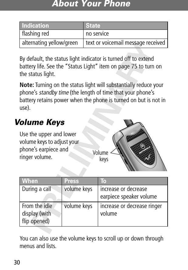 About Your Phone30PRELIMINARYBy default, the status light indicator is turned off to extend battery life. See the “Status Light” item on page 75 to turn on the status light.Note: Turning on the status light will substantially reduce your phone’s standby time (the length of time that your phone’s battery retains power when the phone is turned on but is not in use).Volume KeysUse the upper and lower volume keys to adjust your phone’s earpiece and ringer volume.You can also use the volume keys to scroll up or down through menus and lists.ﬂashing red no servicealternating yellow/green text or voicemail message receivedWhen  Press ToDuring a call volume keys increase or decrease earpiece speaker volumeFrom the idle display (with ﬂip opened)volume keys increase or decrease ringer volumeIndication StateVolumekeys