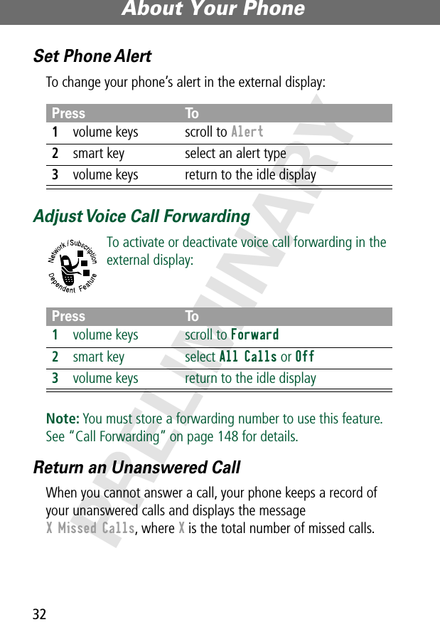 About Your Phone32PRELIMINARYSet Phone AlertTo change your phone’s alert in the external display:Adjust Voice Call ForwardingTo activate or deactivate voice call forwarding in the external display:Note: You must store a forwarding number to use this feature. See “Call Forwarding” on page 148 for details.Return an Unanswered CallWhen you cannot answer a call, your phone keeps a record of your unanswered calls and displays the message X Missed Calls, where X is the total number of missed calls. Press To1volume keys scroll to Alert2smart key select an alert type3volume keys return to the idle displayPress To1volume keys scroll to Forward2smart key select All Calls or Off3volume keys return to the idle display