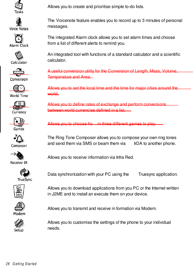 28   Getting StartedAllows you to create and prioritise simple to-do lists.The Voicenote feature enables you to record up to 3 minutes of personalmessages.The integrated Alarm clock allows you to set alarm times and choosefrom a list of different alerts to remind you.An integrated tool with functions of a standard calculator and a scientificcalculator.A useful conversion utility for the Conversion of Length, Mass, Volume,Temperature and Area.Allows you to set the local time and the time for major cities around theworld.Allows you to define rates of exchange and perform conversionsbetween world currencies defined in a list.Allows you to choose fro m three different games to play.The Ring Tone Composer allows you to compose your own ring tonesand send them via SMS or beam them via  IrDA to another phone.Allows you to receive information via Infra Red.Data synchronization with your PC using the  Truesync application.Allows you to download applications from you PC or the Internet writtenin J2ME and to install an execute them on your device.Allows you to transmit and receive in formation via Modem.Allows you to customise the settings of the phone to your individualneeds.