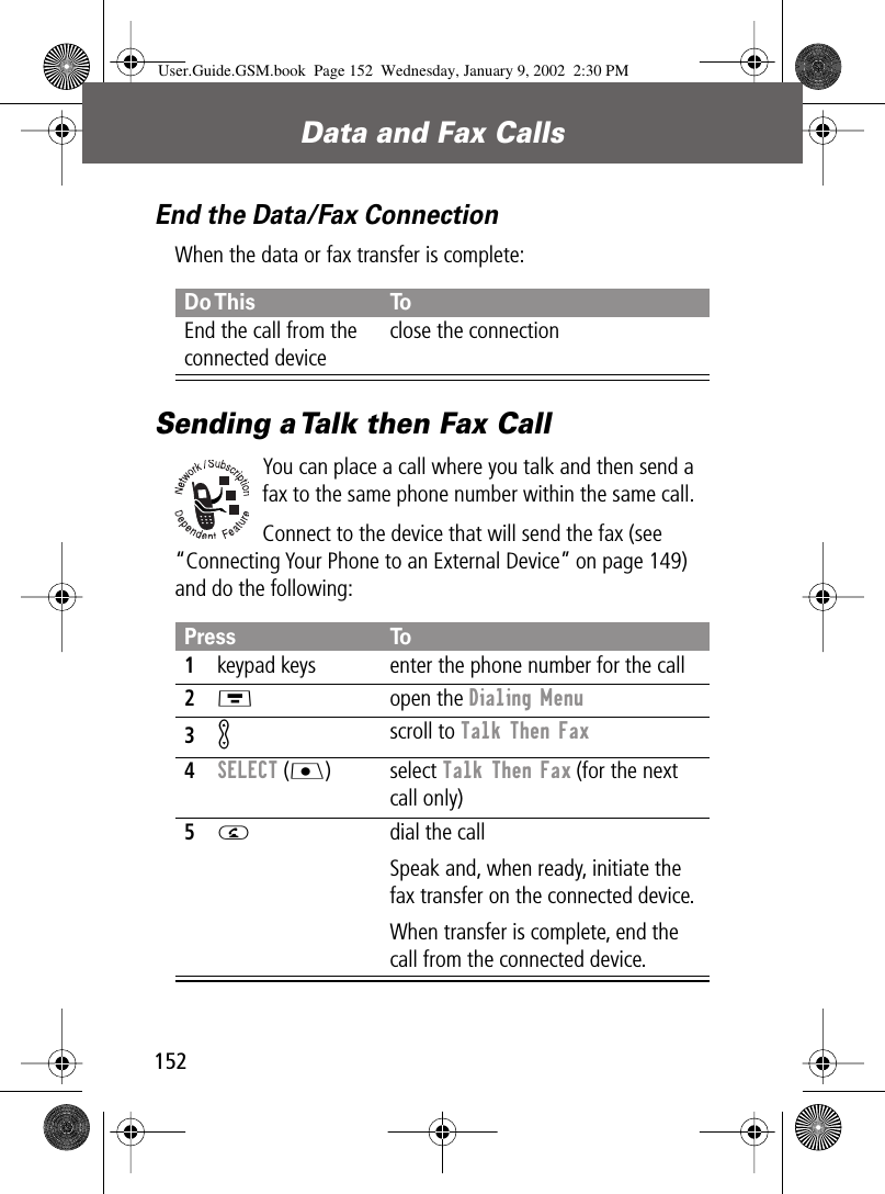 Data and Fax Calls152End the Data/Fax ConnectionWhen the data or fax transfer is complete:Sending a Talk then Fax CallYou can place a call where you talk and then send a fax to the same phone number within the same call.Connect to the device that will send the fax (see “Connecting Your Phone to an External Device” on page 149) and do the following:Do This ToEnd the call from the connected deviceclose the connectionPress To1keypad keys enter the phone number for the call2M open the Dialing Menu3K scroll to Talk Then Fax4SELECT (J) select Talk Then Fax (for the next call only)5N  dial the callSpeak and, when ready, initiate the fax transfer on the connected device.When transfer is complete, end the call from the connected device.User.Guide.GSM.book  Page 152  Wednesday, January 9, 2002  2:30 PM