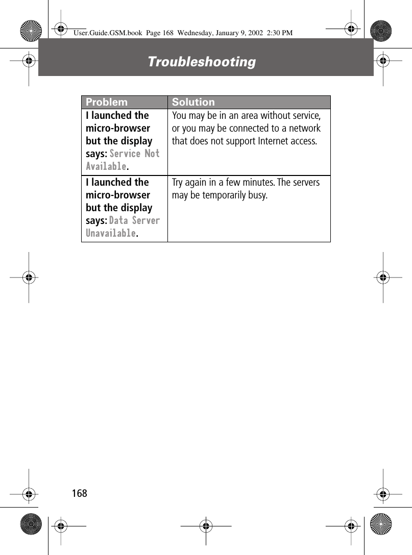 Troubleshooting168I launched the micro-browser but the display says: Service Not Available. You may be in an area without service, or you may be connected to a network that does not support Internet access.I launched the micro-browser but the display says: Data Server Unavailable. Try again in a few minutes. The servers may be temporarily busy.Problem SolutionUser.Guide.GSM.book  Page 168  Wednesday, January 9, 2002  2:30 PM