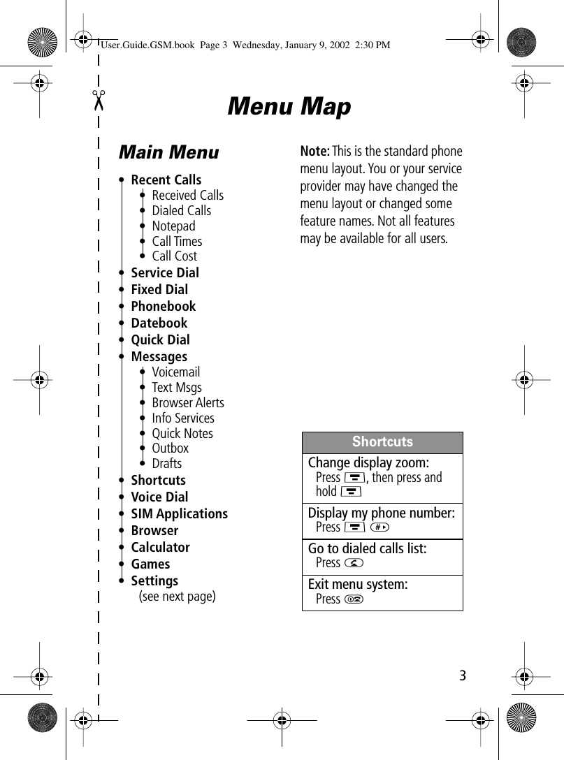  ✂ 3 Menu MapMain Menu• Recent Calls• Received Calls• Dialed Calls• Notepad• Call Times• Call Cost• Service Dial• Fixed Dial• Phonebook• Datebook• Quick Dial• Messages• Voicemail• Text Msgs• Browser Alerts• Info Services• Quick Notes• Outbox• Drafts• Shortcuts• Voice Dial• SIM Applications• Browser• Calculator• Games• Settings(see next page)Note: This is the standard phone menu layout. You or your service provider may have changed the menu layout or changed some feature names. Not all features may be available for all users.ShortcutsChange display zoom:Press M, then press and hold MDisplay my phone number:Press M #Go to dialed calls list:Press NExit menu system:Press O User.Guide.GSM.book  Page 3  Wednesday, January 9, 2002  2:30 PM