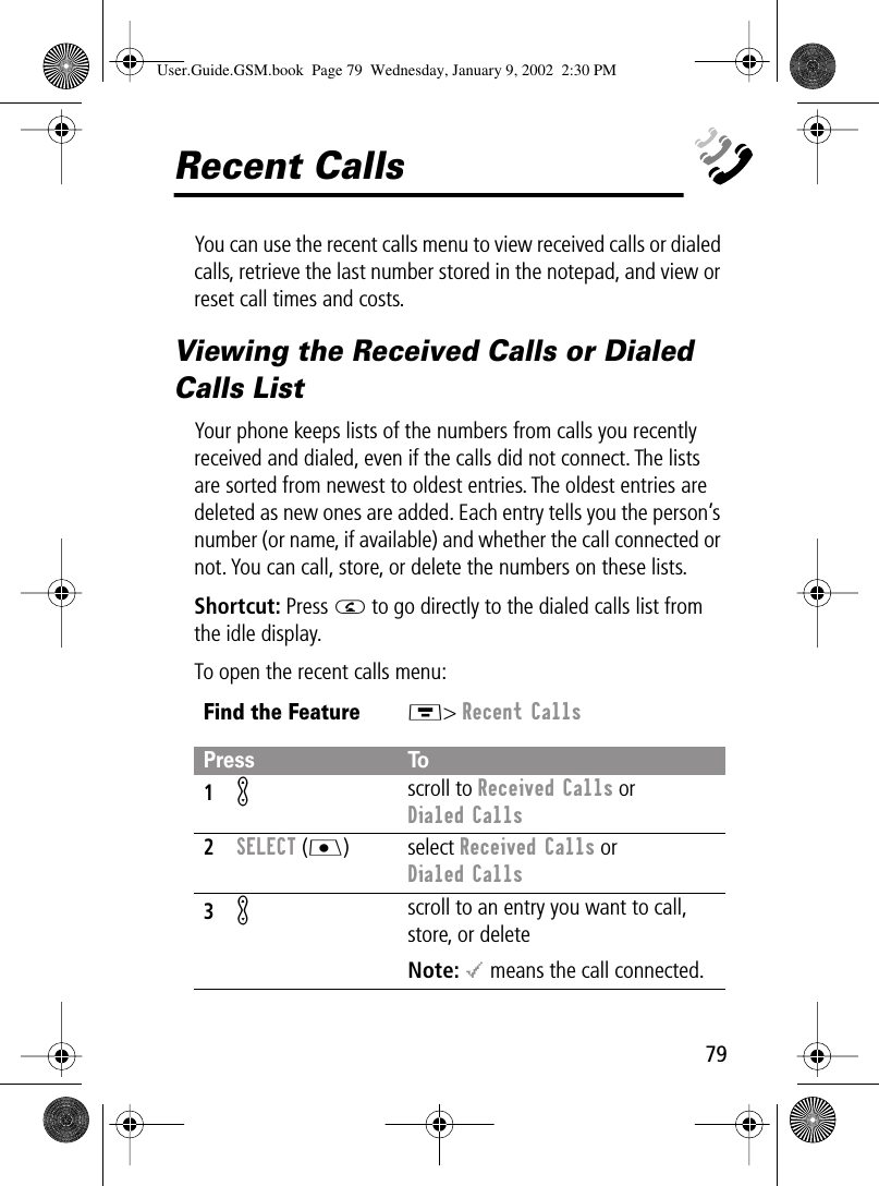 79Recent CallsYou can use the recent calls menu to view received calls or dialed calls, retrieve the last number stored in the notepad, and view or reset call times and costs.Viewing the Received Calls or Dialed Calls ListYour phone keeps lists of the numbers from calls you recently received and dialed, even if the calls did not connect. The lists are sorted from newest to oldest entries. The oldest entries are deleted as new ones are added. Each entry tells you the person’s number (or name, if available) and whether the call connected or not. You can call, store, or delete the numbers on these lists.Shortcut: Press N to go directly to the dialed calls list from the idle display.To open the recent calls menu:Find the FeatureM&gt; Recent CallsPress To1K scroll to Received Calls or Dialed Calls2SELECT (J) select Received Calls or Dialed Calls3K scroll to an entry you want to call, store, or deleteNote: &lt; means the call connected.User.Guide.GSM.book  Page 79  Wednesday, January 9, 2002  2:30 PM