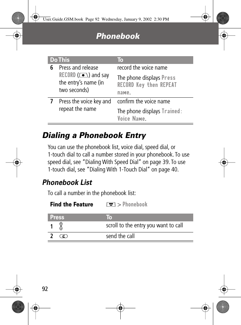 Phonebook92Dialing a Phonebook EntryYou can use the phonebook list, voice dial, speed dial, or 1-touch dial to call a number stored in your phonebook. To use speed dial, see “Dialing With Speed Dial” on page 39. To use 1-touch dial, see “Dialing With 1-Touch Dial” on page 40.Phonebook ListTo call a number in the phonebook list:6Press and release RECORD (J) and say the entry’s name (in two seconds)record the voice nameThe phone displays Press RECORD Key then REPEAT name.7Press the voice key and repeat the nameconﬁrm the voice nameThe phone displays Trained: Voice Name.Find the FeatureM &gt; PhonebookPress To1K scroll to the entry you want to call2N  send the callDo This ToUser.Guide.GSM.book  Page 92  Wednesday, January 9, 2002  2:30 PM