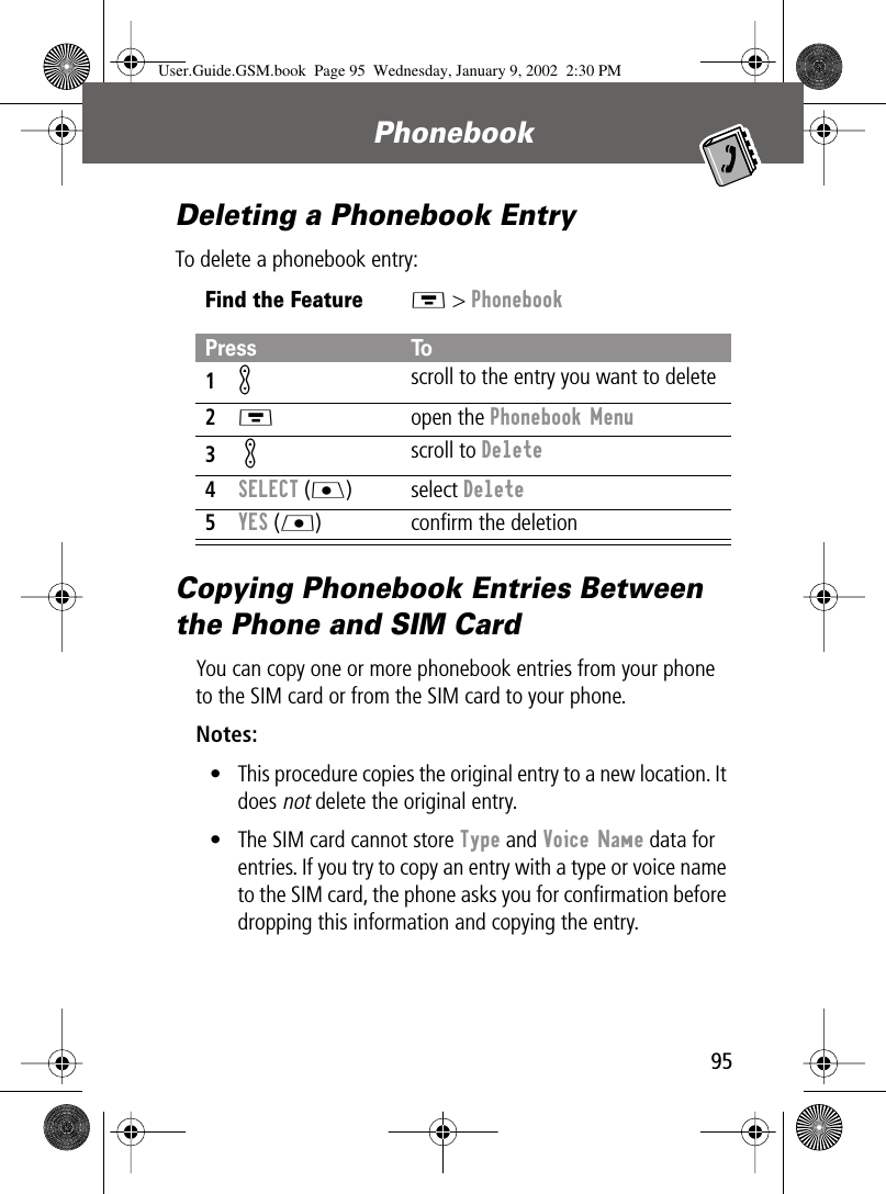 95Phonebook Deleting a Phonebook EntryTo delete a phonebook entry:Copying Phonebook Entries Between the Phone and SIM CardYou can copy one or more phonebook entries from your phone to the SIM card or from the SIM card to your phone.Notes: • This procedure copies the original entry to a new location. It does not delete the original entry.• The SIM card cannot store Type and Voice Name data for entries. If you try to copy an entry with a type or voice name to the SIM card, the phone asks you for conﬁrmation before dropping this information and copying the entry.Find the FeatureM &gt; PhonebookPress To1K scroll to the entry you want to delete2M open the Phonebook Menu3 K scroll to Delete4SELECT (J) select Delete5YES (L) conﬁrm the deletionUser.Guide.GSM.book  Page 95  Wednesday, January 9, 2002  2:30 PM