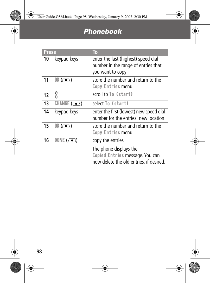 Phonebook9810keypad keys enter the last (highest) speed dial number in the range of entries that you want to copy11OK (J) store the number and return to the Copy Entries menu12K scroll to To (start)13CHANGE (J) select To (start)14keypad keys enter the ﬁrst (lowest) new speed dial number for the entries’ new location15OK (J) store the number and return to the Copy Entries menu16DONE (L) copy the entriesThe phone displays the Copied Entries message. You can now delete the old entries, if desired.Press ToUser.Guide.GSM.book  Page 98  Wednesday, January 9, 2002  2:30 PM