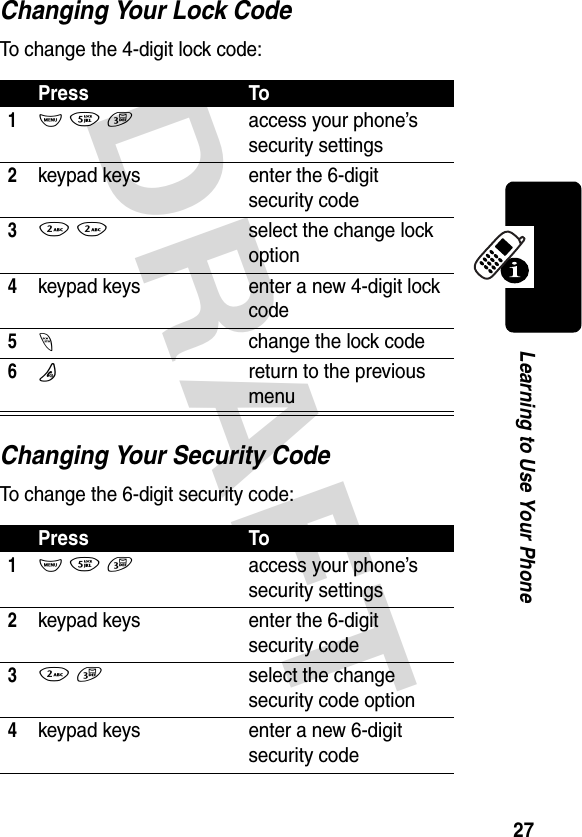 DRAFT 27Learning to Use Your PhoneChanging Your Lock CodeTo change the 4-digit lock code:Changing Your Security CodeTo change the 6-digit security code:Press To1 M 5 3 access your phone’s security settings2keypad keys enter the 6-digit security code32 2select the change lock option4keypad keys enter a new 4-digit lock code5-change the lock code6Oreturn to the previous menuPress To1M 5 3access your phone’s security settings2keypad keys enter the 6-digit security code32 3select the change security code option4keypad keys enter a new 6-digit security code