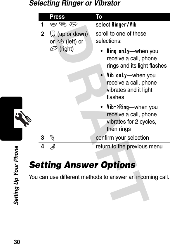 DRAFT 30Setting Up Your PhoneSelecting Ringer or VibratorSetting Answer OptionsYou can use different methods to answer an incoming call.Press To1M 4 2select Ringer/Vib2S (up or down) or * (left) or #(right)scroll to one of these selections:•Ring only—when you receive a call, phone rings and its light flashes•Vib only—when you receive a call, phone vibrates and it light flashes•Vib-&gt;Ring—when you receive a call, phone vibrates for 2 cycles, then rings3-confirm your selection4Oreturn to the previous menu