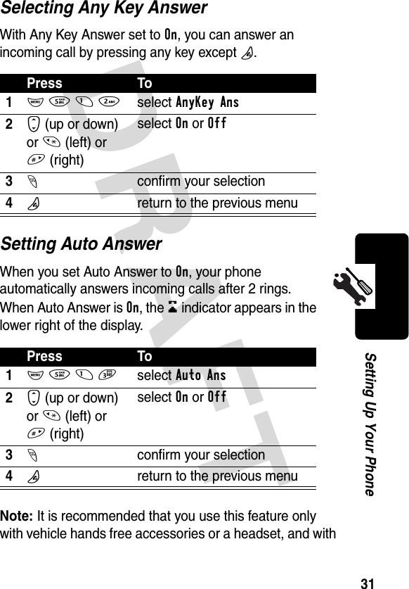 DRAFT 31Setting Up Your PhoneSelecting Any Key AnswerWith Any Key Answer set to On, you can answer an incoming call by pressing any key except O.Setting Auto AnswerWhen you set Auto Answer to On, your phone automatically answers incoming calls after 2 rings. When Auto Answer is On, the q indicator appears in the lower right of the display.Note: It is recommended that you use this feature only with vehicle hands free accessories or a headset, and with Press To1M 5 1 2select AnyKey Ans2S (up or down) or * (left) or # (right)select On or Off3-confirm your selection4Oreturn to the previous menuPress To1M 5 1 3select Auto Ans2S (up or down) or * (left) or # (right)select On or Off3-confirm your selection4Oreturn to the previous menu