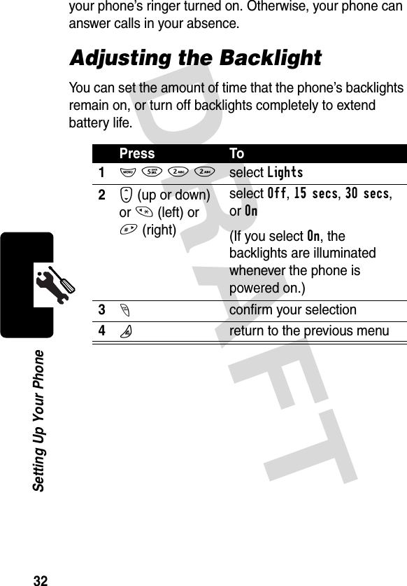 DRAFT 32Setting Up Your Phoneyour phone’s ringer turned on. Otherwise, your phone can answer calls in your absence.Adjusting the BacklightYou can set the amount of time that the phone’s backlights remain on, or turn off backlights completely to extend battery life.Press To1M 5 2 2select Lights2S (up or down) or * (left) or # (right)select Off, 15 secs, 30 secs, or On(If you select On, the backlights are illuminated whenever the phone is powered on.)3-confirm your selection4Oreturn to the previous menu