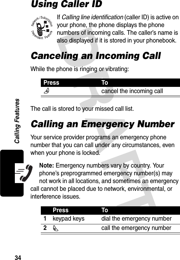 DRAFT 34Calling FeaturesUsing Caller IDIf Calling line identification (caller ID) is active on your phone, the phone displays the phone numbers of incoming calls. The caller’s name is also displayed if it is stored in your phonebook.Canceling an Incoming CallWhile the phone is ringing or vibrating:The call is stored to your missed call list.Calling an Emergency NumberYour service provider programs an emergency phone number that you can call under any circumstances, even when your phone is locked.Note: Emergency numbers vary by country. Your phone’s preprogrammed emergency number(s) may not work in all locations, and sometimes an emergency call cannot be placed due to network, environmental, or interference issues.Press ToOcancel the incoming callPress To1keypad keys dial the emergency number2N  call the emergency number