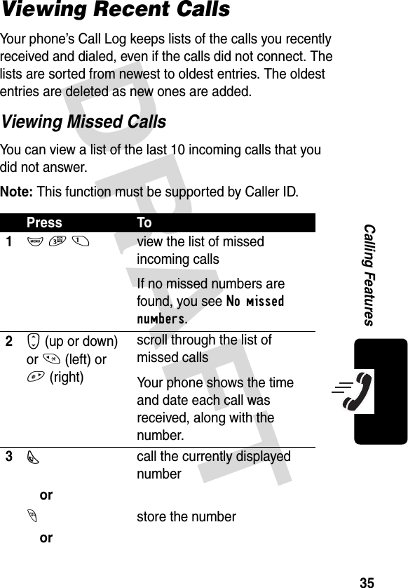 DRAFT 35Calling FeaturesViewing Recent CallsYour phone’s Call Log keeps lists of the calls you recently received and dialed, even if the calls did not connect. The lists are sorted from newest to oldest entries. The oldest entries are deleted as new ones are added.Viewing Missed CallsYou can view a list of the last 10 incoming calls that you did not answer.Note: This function must be supported by Caller ID.Press To1M 3 1  view the list of missed incoming callsIf no missed numbers are found, you see No missed numbers.2S (up or down) or * (left) or # (right)scroll through the list of missed callsYour phone shows the time and date each call was received, along with the number.3Ncall the currently displayed numberor-store the numberor