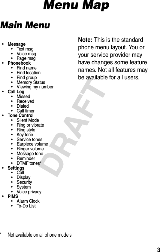 3DRAFTMenu MapMain Menu• Message•Text msg•Voice msg• Page msg• Phonebook• Find name• Find location• Find group• Memory Status• Viewing my number• Call Log• Missed•Received• Dialed• Call timer• Tone Control• Silent Mode• Ring or vibrate• Ring style• Key tone• Service tones• Earpiece volume• Ringer volume• Message tone• Reminder• DTMF tones*•Settings•Call•Display• Security• System• Voice privacy•PIMS•Alarm Clock• To-Do List* Not available on all phone models.Note: This is the standard phone menu layout. You or your service provider may have changes some feature names. Not all features may be available for all users. 