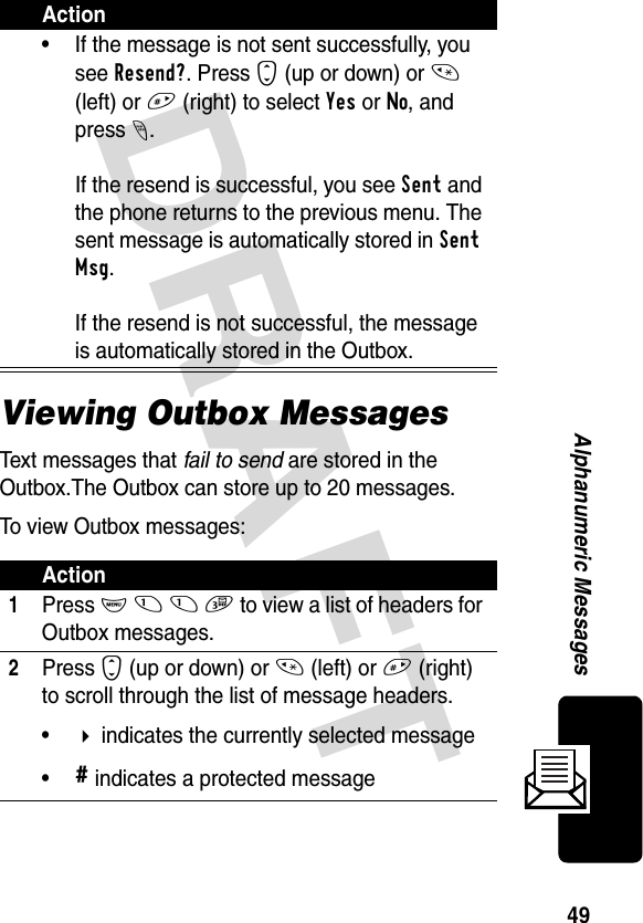 DRAFT 49Alphanumeric MessagesViewing Outbox MessagesText messages that fail to send are stored in the Outbox.The Outbox can store up to 20 messages. To view Outbox messages:• If the message is not sent successfully, you see Resend?. Press S (up or down) or * (left) or # (right) to select Yes or No, and press -.If the resend is successful, you see Sent and the phone returns to the previous menu. The sent message is automatically stored in Sent Msg.If the resend is not successful, the message is automatically stored in the Outbox.Action1Press M 1 1 3 to view a list of headers for Outbox messages.2Press S (up or down) or * (left) or # (right) to scroll through the list of message headers.• indicates the currently selected message•# indicates a protected messageAction