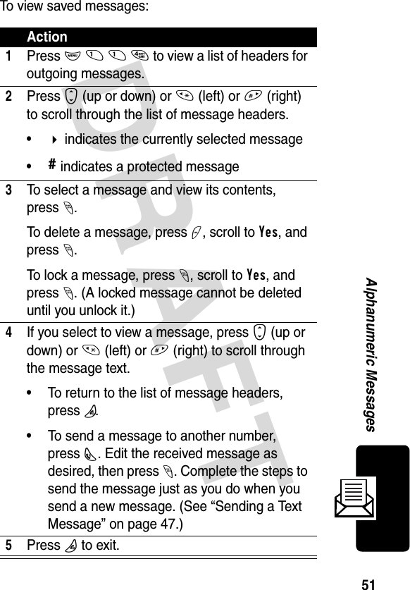 DRAFT 51Alphanumeric MessagesTo view saved messages:Action1Press M 1 1 4 to view a list of headers for outgoing messages.2Press S (up or down) or * (left) or # (right) to scroll through the list of message headers.• indicates the currently selected message•# indicates a protected message3To select a message and view its contents, press-. To delete a message, press +, scroll to Yes, and press -.To lock a message, press -, scroll to Yes, and press -. (A locked message cannot be deleted until you unlock it.)4If you select to view a message, press S (up or down) or * (left) or # (right) to scroll through the message text. • To return to the list of message headers, pressP.• To send a message to another number, pressN. Edit the received message as desired, then press -. Complete the steps to send the message just as you do when you send a new message. (See “Sending a Text Message” on page 47.)5Press P to exit.