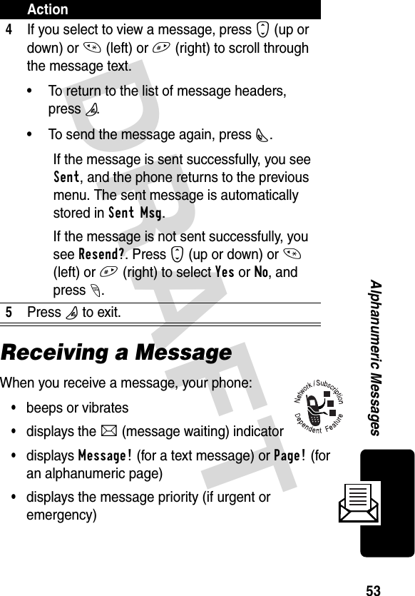 DRAFT 53Alphanumeric MessagesReceiving a MessageWhen you receive a message, your phone:•beeps or vibrates•displays the d (message waiting) indicator•displays Message! (for a text message) or Page! (for an alphanumeric page)•displays the message priority (if urgent or emergency)4If you select to view a message, press S (up or down) or * (left) or # (right) to scroll through the message text. • To return to the list of message headers, pressP.• To send the message again, press N. If the message is sent successfully, you see Sent, and the phone returns to the previous menu. The sent message is automatically stored in Sent Msg.If the message is not sent successfully, you see Resend?. Press S (up or down) or * (left) or # (right) to select Yes or No, and press -.5Press P to exit.Action