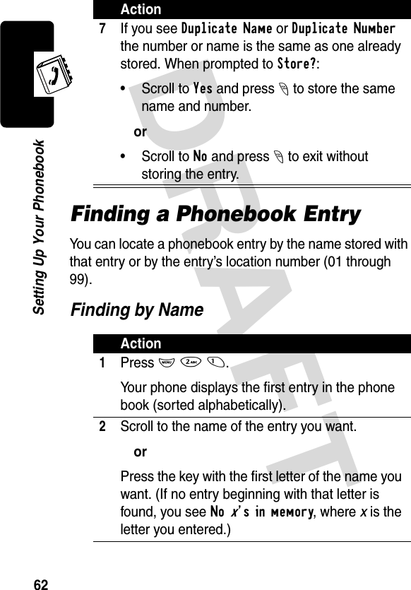 DRAFT 62Setting Up Your PhonebookFinding a Phonebook EntryYou can locate a phonebook entry by the name stored with that entry or by the entry’s location number (01 through 99).Finding by Name7If you see Duplicate Name or Duplicate Number the number or name is the same as one already stored. When prompted to Store?:•Scroll to Yes and press - to store the same name and number.or•Scroll to No and press - to exit without storing the entry.Action1Press M 2 1.Your phone displays the first entry in the phone book (sorted alphabetically).2Scroll to the name of the entry you want.orPress the key with the first letter of the name you want. (If no entry beginning with that letter is found, you see No x’s in memory, where x is the letter you entered.)Action